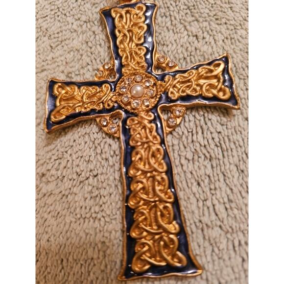 1980s Celtic Style Cross Faux Pearls Rhinestones Religious Decor Or Amulet - Picture 3 of 6